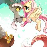 discord_(mlp) draconequus duo equine female feral fluttershy_(mlp) friendship_is_magic gazing green_eyes hair horse male mammal my_little_pony pasikon pegasus pink_hair pony red_eyes wings 
