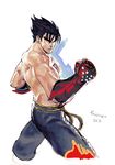  2013 black_hair cropped_legs elbow_gloves fighting_stance fingerless_gloves gloves kazama_jin male_focus muscle shirtless solo spiked_hair steven_mack tekken 