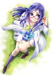  adjusting_hair blue_eyes blue_hair blue_sailor_collar dokidoki!_precure from_above glasses grass hishikawa_rikka labcoat leaf light_smile long_hair looking_up nekoyanagi_matasaburou on_ground oogai_daiichi_middle_school_uniform precure purple_eyes rakeru_(dokidoki!_precure) sailor_collar school_uniform sitting solo wind 