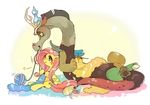  antlers cutie_mark discord_(mlp) draconequus duo equine female feral fluttershy_(mlp) friendship_is_magic fur green_eyes hair horn horse knitting male mammal my_little_pony pasikon pegasus pink_hair plain_background pony red_eyes white_background wings yarn yellow_fur 
