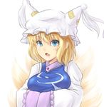  blonde_hair blue_eyes breast_rest breasts fang fox_tail hands_in_opposite_sleeves hat koissa large_breasts looking_at_viewer multiple_tails open_mouth pointy_ears short_hair simple_background solo tail tassel touhou upper_body white_background yakumo_ran 