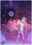  arm_support bad_id bad_pixiv_id book bookshelf breasts cleavage clock couch crescent crossed_legs dress fateline_alpha hat head_rest highres library long_hair map medium_breasts patchouli_knowledge plate purple_eyes purple_hair sitting smile solo touhou 