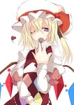  blonde_hair flandre_scarlet hat heart highres one_eye_closed purple_eyes simple_background smile solo sukage touhou white_background 