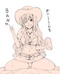  alternate_costume belt blush breasts buckle cameltoe cleavage cowboy_hat cup front-tie_top hagane_soushi hat heart holding kyrie_florian large_breasts long_hair lyrical_nanoha mahou_shoujo_lyrical_nanoha_innocent midriff monochrome navel one_eye_closed open_mouth panties pantyshot skirt solo sweat translation_request underwear wavy_hair western 