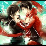  1girl black_hair closed_eyes from_side hand_on_another's_cheek hand_on_another's_face kagerou_project kisaragi_shintarou letterboxed long_hair loss_time_memory_(vocaloid) red_scarf scarf school_uniform short_hair smile tateyama_ayano waltz_(tram) 