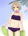  androgynous bad_id bad_pixiv_id bikini bikini_skirt blonde_hair blush brown_eyes bulge crossdressing hair_ornament hairclip male_focus mogiki_hayami nasu-kun_(hiuna_hayami) navel open_mouth original otoko_no_ko skirt smile solo swimsuit towel 