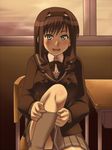  1girl amagami awa blush breasts brown_hair chair drill_hair long_hair looking_at_viewer morishima_haruka school_uniform smile solo undressing 