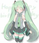  blush closed_eyes detached_sleeves facing_viewer flat_chest green_hair happy_birthday hatsune_miku headphones highres long_hair mille necktie skirt smile solo thighhighs twintails very_long_hair vocaloid 