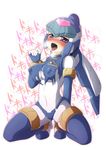  blue_eyes blush boots breasts covered_navel covered_nipples detached_sleeves fingerless_gloves forehead_jewel full_body gloves heart heart-shaped_pupils large_breasts leviathan_(rockman) long_sleeves open_mouth rockman rockman_zero semikichi solo symbol-shaped_pupils teeth thigh_boots thighhighs tongue tongue_out torn_clothes white_background 