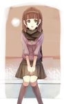  brown_eyes brown_hair open_mouth original scarf short_hair sitting skirt solo toshiya v_arms 