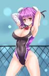  armpits arms_behind_head arms_up bandages bangs blurry blush breasts bun_cover chain-link_fence cleavage competition_swimsuit covered_navel cowboy_shot depth_of_field double_bun fence flower frills groin hair_between_eyes highleg highleg_swimsuit ibaraki_kasen large_breasts light_particles one-piece_swimsuit open_mouth pose purple_hair red_eyes red_flower red_rose ribbon rose short_hair sideboob solo spread_legs standing sumapan swimsuit touhou wide_hips 