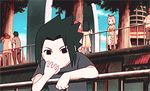  animated animated_gif black_hair eating food haruno_sakura lowres multiple_boys multiple_girls naruto pink_hair uchiha_sasuke young younger 