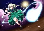  bad_id bad_pixiv_id blue_eyes bow cherry_blossoms dutch_angle flower_in_mouth foreshortening full_moon hair_ribbon julius_yu katana kodachi konpaku_youmu konpaku_youmu_(ghost) looking_at_viewer moon night petals ribbon running scabbard sheath short_hair short_sleeves short_sword skirt skirt_set solo sword touhou unsheathed weapon white_hair 