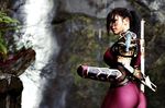  ass black_hair bodysuit breasts cosplay highres large_breasts miss_sinister ponytail soul_calibur soulcalibur_iv sword taki taki_(soulcalibur) weapon 