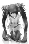  absurdres bad_id bad_pixiv_id bare_shoulders bikini breast_hold breasts cleavage copyright_request covered_nipples english fingernails full_body greyscale hair_ornament hair_over_one_eye hand_on_thigh highres kneeling knees_together_feet_apart ladic large_breasts leaning_forward long_fingernails long_hair monochrome mouth_hold navel side-tie_bikini smile solo string_bikini swimsuit text_focus thigh_gap thighhighs twintails very_long_hair wet 
