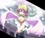  aine_(boku_ga_tenshi_ni_natta_wake) arms_behind_back banana between_breasts blonde_hair blush boku_ga_tenshi_ni_natta_wake bow breasts cleavage feathers food fruit halo medium_breasts mille open_mouth red_eyes smile solo white_wings wings 