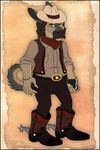  anthro beige_fur boots brown_hair claws clothed clothing cowboy facial_hair fur green_eyes grey_fur hair hat isabellaprice lofty_v_scacha male mammal mustache rodent solo spurs tan_fur vest viscacha 