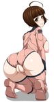  ahoge ass bangs boots breastless_clothes breasts brown_hair cameltoe clitoris crotchless crotchless_clothes fat_mons female full_body green_eyes harada_makoto highres kneeling large_breasts looking_at_viewer looking_back masa_yuki photoshop pink_legwear puffy_nipples pussy short_hair smile solo thigh_boots thighhighs uchuu_senkan_yamato uchuu_senkan_yamato_2199 uncensored 