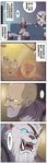  4koma bald bandages blue_eyes chinese comic couch eyepatch fangs highres league_of_legends lion minion_(league_of_legends) nature rengar shield singed translated waero weapon yellow_eyes 