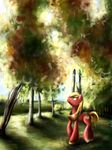  big_macintosh_(mlp) blonde_hair cutie_mark detailed_background duo equine feral friendship_is_magic fur green_eyes hair horse looking_up male mammal my_little_pony outside pony red_fur shizyaa tree yoke 
