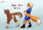  balls bent_over birthday blonde_hair brown_fur butt cake canine clothed clothing cub dog duo erection food fox fur gay hair hat imminent_sex male mammal markings nathan nude orange_fur pants pants_down penis presenting presenting_hindquarters shorts socks_(marking) standing tycloud wagnermutt young 