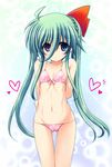  ahoge arms_behind_back bangs bikini blue_eyes blush bow braid cameltoe einhart_stratos flat_chest front-tie_top gradient gradient_background green_hair groin hair_between_eyes hair_bow heart heterochromia holding_arm light_particles light_smile long_hair low_twintails lowleg lowleg_bikini lyrical_nanoha mahou_shoujo_lyrical_nanoha_vivid navel print_bikini purple_eyes shiwo side-tie_bikini sidelocks skinny solo spoken_heart standing swimsuit thigh_gap twintails 