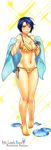  amatake_akewo bare_shoulders barefoot bikini blue_hair breasts copyright_request highres large_breasts lips looking_at_viewer navel short_hair solo swimsuit towel water yellow_bikini yellow_eyes 
