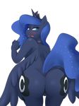  alpha_channel anthro anus big_butt black_feathers black_skin blue_eyes blue_hair butt collar crown devo87 feathers female friendship_is_magic glittering_hair hair hi_res horn long_hair looking_at_viewer looking_back my_little_pony nude open_mouth presenting presenting_hindquarters princess_luna_(mlp) pussy solo standing thighs wide_hips wings 