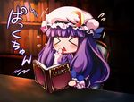  &gt;_&lt; &gt;â–³&lt; 1girl book bow chair crescent desk dress eyes_closed female hair_bow hair_ornament hat long_hair lowres mob_cap patchouli_knowledge purple_hair sneezing solo touhou 