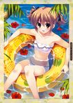  :d absurdres bikini blush brown_eyes brown_hair flat_chest flower fumio_(ura_fmo) grisaia_(series) grisaia_no_kajitsu hibiscus highres innertube irisu_makina legs long_legs navel open_mouth scan short_hair short_twintails smile solo swimsuit twintails water 