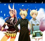 animal_ears blonde_hair blue_eyes breasts buttons gloves goggles goggles_on_head green_eyes hanna-justina_marseille hanna_rudel hanna_wind medium_breasts multiple_girls pantyhose ponytail skirt smile unier world_witches_series 
