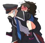  1girl armband blush brown_hair bruise carrying full-face_blush grey_hair hat height_difference injury long_hair necktie no_hat no_headwear nobori_(pokemon) peaked_cap piggyback pokemon pokemon_(game) pokemon_bw ponytail touko_(pokemon) yugimaru_(sugar) 