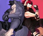  anthro biceps big_muscles canine clothing drks duo fingerless_gloves footwear fur gloves hair hat jacket leather looking_at_viewer male mammal muscles pants pecs pose scar shoes shorts straps tattoo topless wolf 