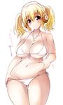  belly_grab bikini blonde_hair blush breasts grabbing headphones kurimomo large_breasts love_handles navel nitroplus plump red_eyes short_hair simple_background smile solo super_pochaco swimsuit translation_request twintails white_background 