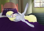  &lt;3 :3 ? after_sex amber_eyes bed bedroom blonde_hair blush cum cum_in_pussy cum_inside cum_on_leg derpy_hooves_(mlp) english_text equine feathers female feral friendship_is_magic grey_feathers grey_skin hair hi_res hooves horse inside letter long_hair lying mammal messy my_little_pony on_back pegasus pony pussy solo spread_legs spreading text v-d-k window wings 