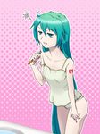  camisole green_eyes green_hair hair_down halftone halftone_background hatsune_miku long_hair oonishi_shunsuke panties solo strap_slip tattoo toothbrush underwear very_long_hair vocaloid 