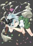  bad_id bad_pixiv_id black_hairband blue_eyes cou dress_shirt dual_wielding ghost glint grey_background hair_ribbon hairband highres hitodama holding katana konpaku_youmu konpaku_youmu_(ghost) no_nose ribbon serious shirt shoes short_hair silver_hair skirt socks solo sword touhou vest weapon 