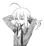  adjusting_hair ahoge artoria_pendragon_(all) fate/zero fate_(series) greyscale long_hair monochrome mouth_hold ponytail saber solo sworgun traditional_media tying_hair 