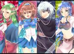  2girls arle_nadja armor armored_dress blue_eyes blue_hair blue_skirt brown_eyes brown_hair cape choker column_lineup cravat green_eyes green_hair headband highres horns jewelry long_hair madou_monogatari midriff multiple_boys multiple_girls navel necklace pointy_ears puyopuyo red_eyes rento_(rukeai) rulue_(puyopuyo) satan_(puyopuyo) schezo_wegey short_hair skirt smile star starry_background white_hair 