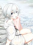  absurdres blue_eyes highres kii_(fys-a) looking_back male_focus open_mouth otoko_no_ko short_hair silver_hair sitting soaking_feet solo totsuka_saika towel water yahari_ore_no_seishun_lovecome_wa_machigatteiru. 