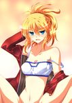  blonde_hair blue_eyes fate/apocrypha fate_(series) highres ka2 midriff mordred_(fate) mordred_(fate)_(all) navel no_pants short_hair solo strap_slip 