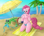  anthro anthrofied ball beach beach_umbrella blue_eyes duo equine female friendship_is_magic fur green_body gummy_(mlp) hair horse kneeling mammal ms-seven0 my_little_pony palm_tree panties pink_fur pink_hair pinkie_pie_(mlp) pony seaside smile umbrella underwear water 