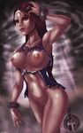  aphrodite armpits bottomless braid breasts brown_hair facial_mark fingernails forehead_mark god_of_war highres lightning lips long_fingernails long_hair muscle navel nipples pussy red_eyes shadman signature solo watermark web_address 