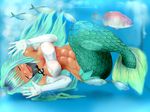  abs aqua_hair aquarium blush breasts cleavage closed_eyes fang fish fish_tank hyakute_gyojin large_breasts levia-san long_hair mermaid monster_girl namiuchigiwa_no_muromi-san navel open_mouth solo underwater very_long_hair 