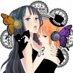  2girls black_hair blue_eyes butterfly_wings duo female fingerless_gloves gloves head_wings headphones lowres magnet_(vocaloid) mini_hat multiple_girls nami nami_(one_piece) nico_robin one_piece orange_hair parody pirate tattoo wings 