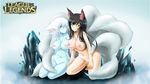  2girls ahri animal_ears areolae blue_eyes blue_skin breasts fox_ears fox_tail highres league_of_legends lissandra long_hair multiple_girls multiple_tails nipples nude pussy pussy_peek sollyz tail uncensored very_long_hair white_hair yellow_eyes 