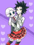 1girl allen_walker bad_id bad_pixiv_id character_doll couple d.gray-man gothic heart hetero purple_background road_kamelot skirt stuffed_toy thighhighs 