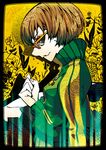  brown_eyes brown_hair buttons clenched_hand flower frame glasses jacket makora_higa persona persona_4 profile satonaka_chie short_hair sitting skirt smile solo yellow-framed_eyewear 