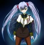  bad_id bad_pixiv_id blue_hair blush gloves highres hoshino_ruri kidou_senkan_nadesico kidou_senkan_nadesico_-_prince_of_darkness long_hair pantyhose pencil_skirt ram_(ramlabo) skirt solo twintails uniform yellow_eyes 