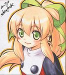  blonde_hair blush green_eyes hair_ribbon inou_shin long_hair ponytail ribbon rockman rockman_(classic) roll smile solo 